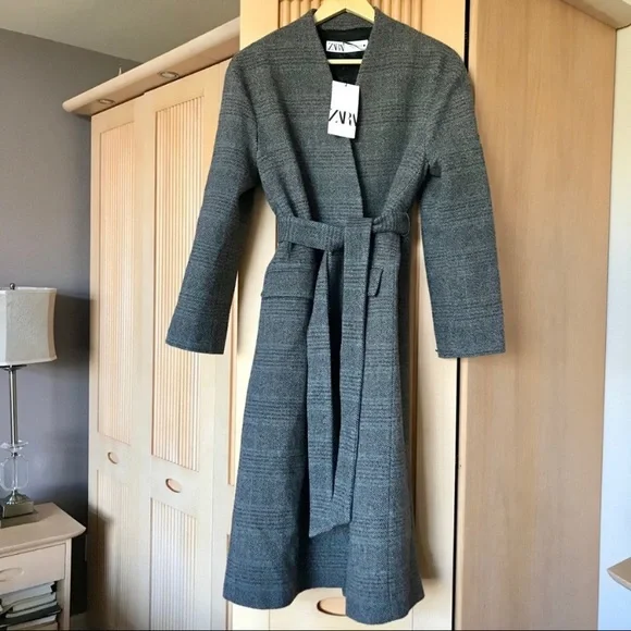 Zara wool belted coat herringbone check print grey - Picture 4 of 7